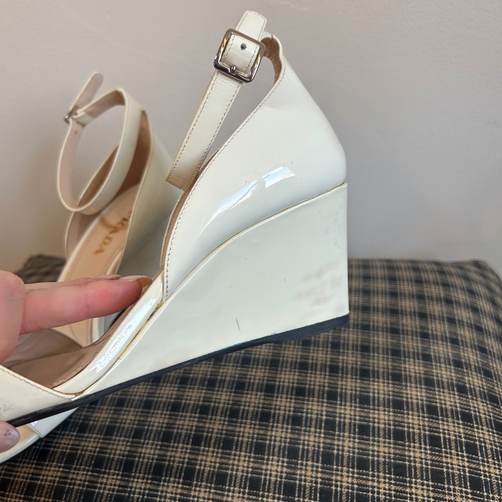Prada White Patent Leather Wedge Sandals Ankle Strap Heels Women Size 7‎ - Picture 7 of 8